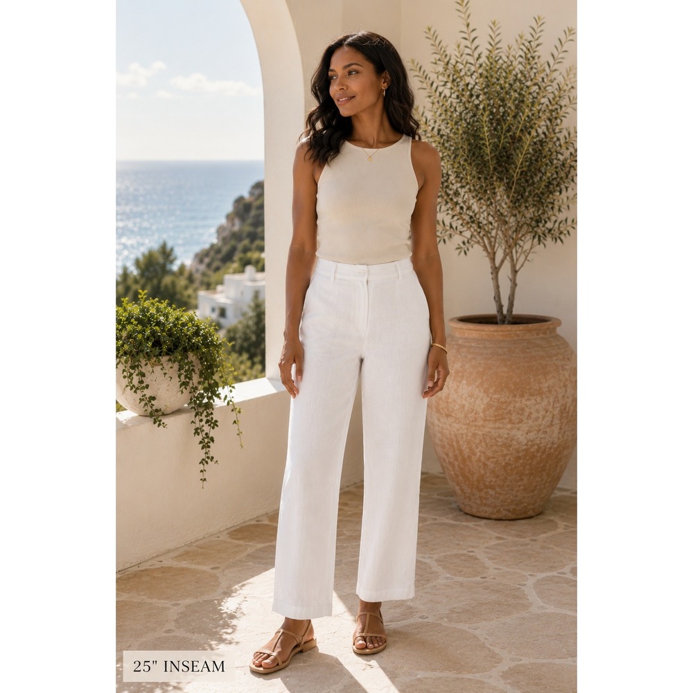 H&M Linen Blend White Pants Womens 6 High Rise Straight Leg Zip Button Pockets